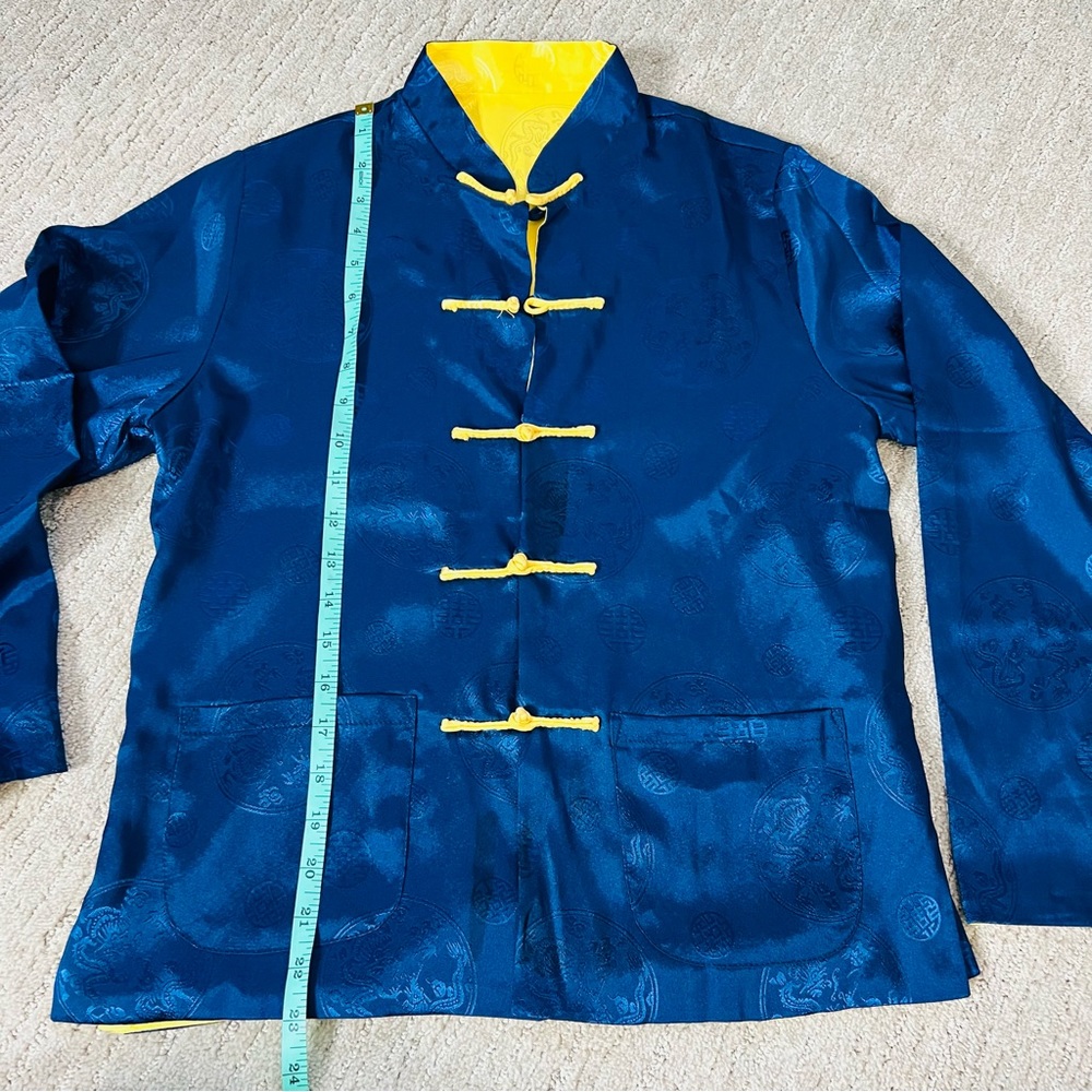 Traditional Chinese Tang Top, Blue and Yellow Reversible Blouse - Picture 12 of 16